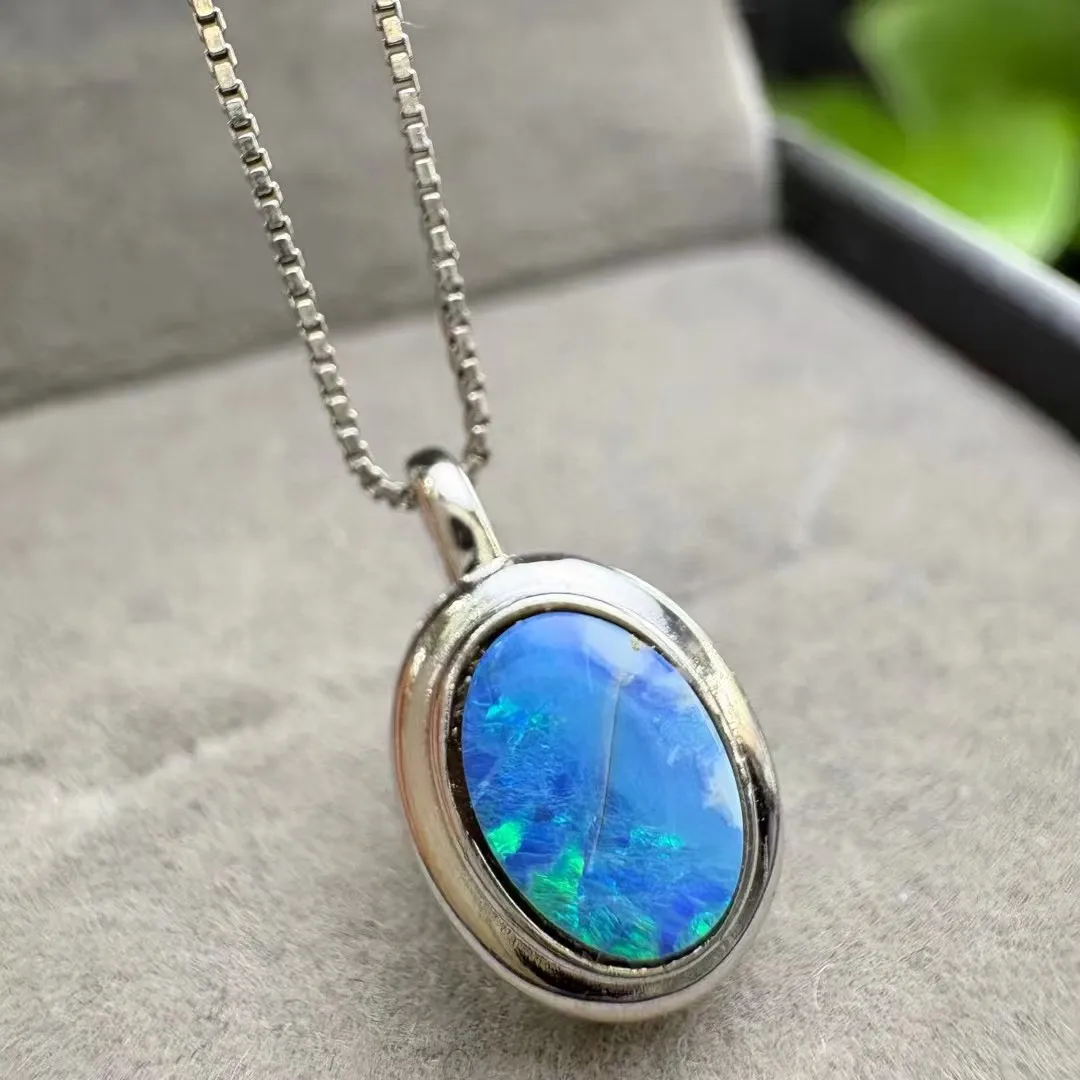 Pendentif Collier en Argent 925 avec Opale Naturelle d'Australie, Cabochon de Guérison en Cristal, Idéal pour un Cadeau - Nouvelle Collection