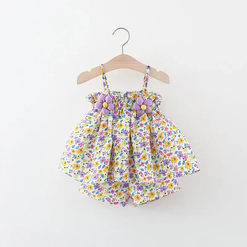 Summer New Girl Baby Set Sweet Small Flower Strap Top+Pants Two Piece Set Suitable for 0-3 Year Old Babies