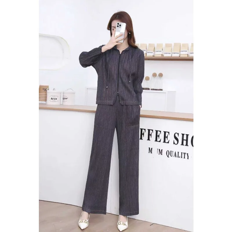 Miyake plissado longo terno sênior sentido outono inverno 2025 novas plissadas com capuz cardigan jaqueta calças retas temperamento terno fino