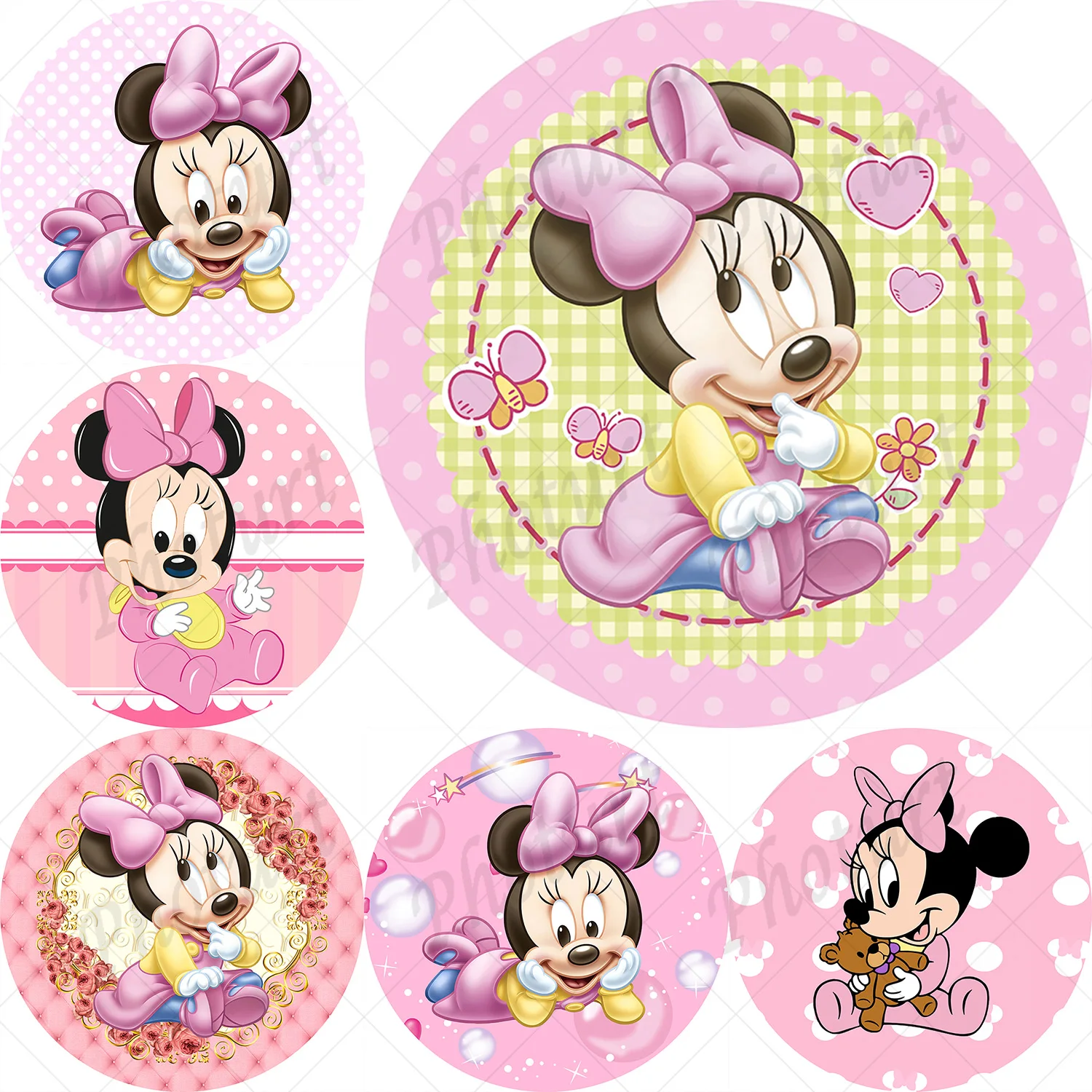 

Round Disney Baby Minnie Mouse Background Kids Birthday Party Baby Shower Backdrop Circle Banner Photography Studios Props