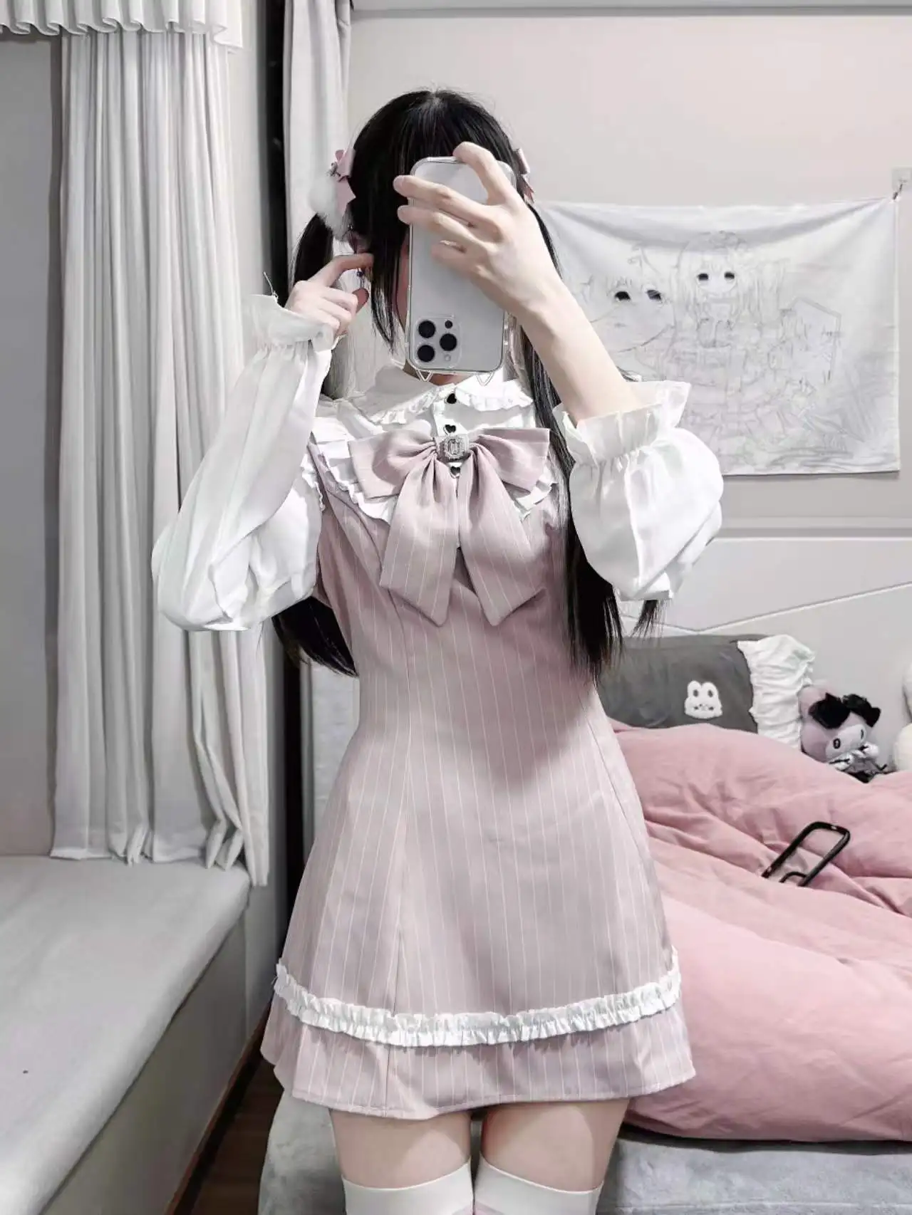 Lolita Style Sweet Long-sleeved Dress for Women Bow Pink Girl's Kawaii Princess Dress Spring and Autumn Short Dresses