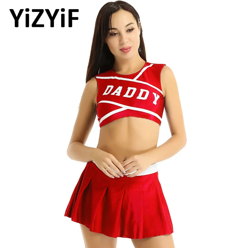 2Pcs Women Adult Sexy Charming Cheerleader Costume Round Neck Sleeveless Printed Crop Top with Mini Pleated Skirt Stage Clothes