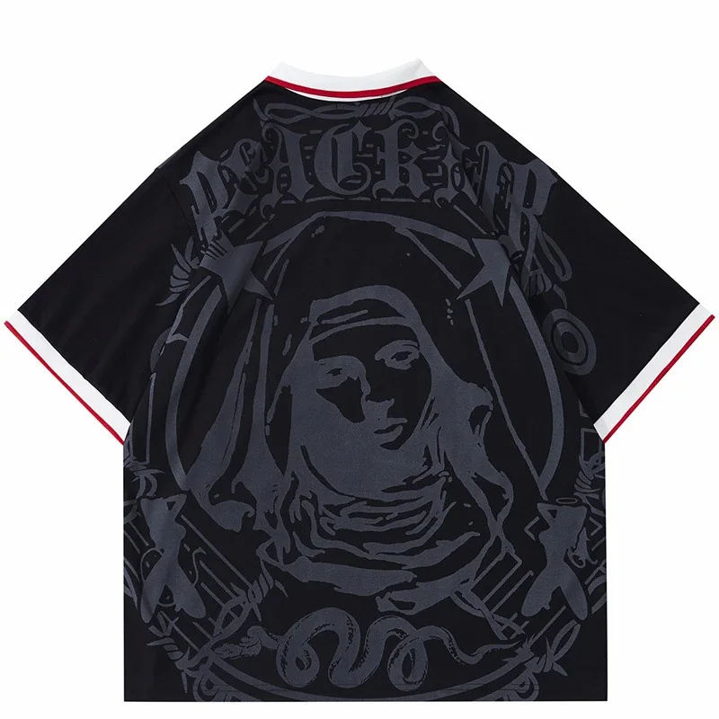 Y2k Hip Hop Streetwear Polo T-Shirt Virgin Mary Graphic Tshirt Men Polo Shirt Short Sleeve Harajuku Cotton Street Trend Top Tees