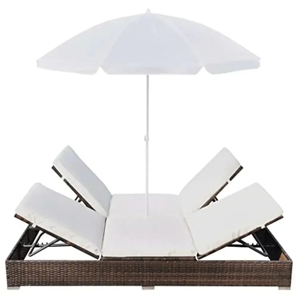 Double Sun Lounger Chaise Lounges with Cushion & Umbrella Adjustable Outdoor Garden Daybed Sunbed 2 People Weather-Resistant PE