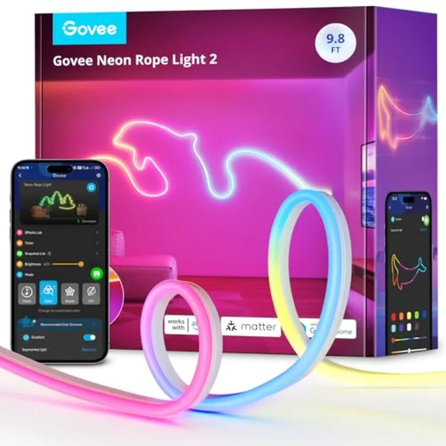 RGBIC Neon Lights, LED Smart Neon Rope Light 2 Works with Matter, Alexa, Google Assistant, Custom DIY Neon Strip Lights for Bed