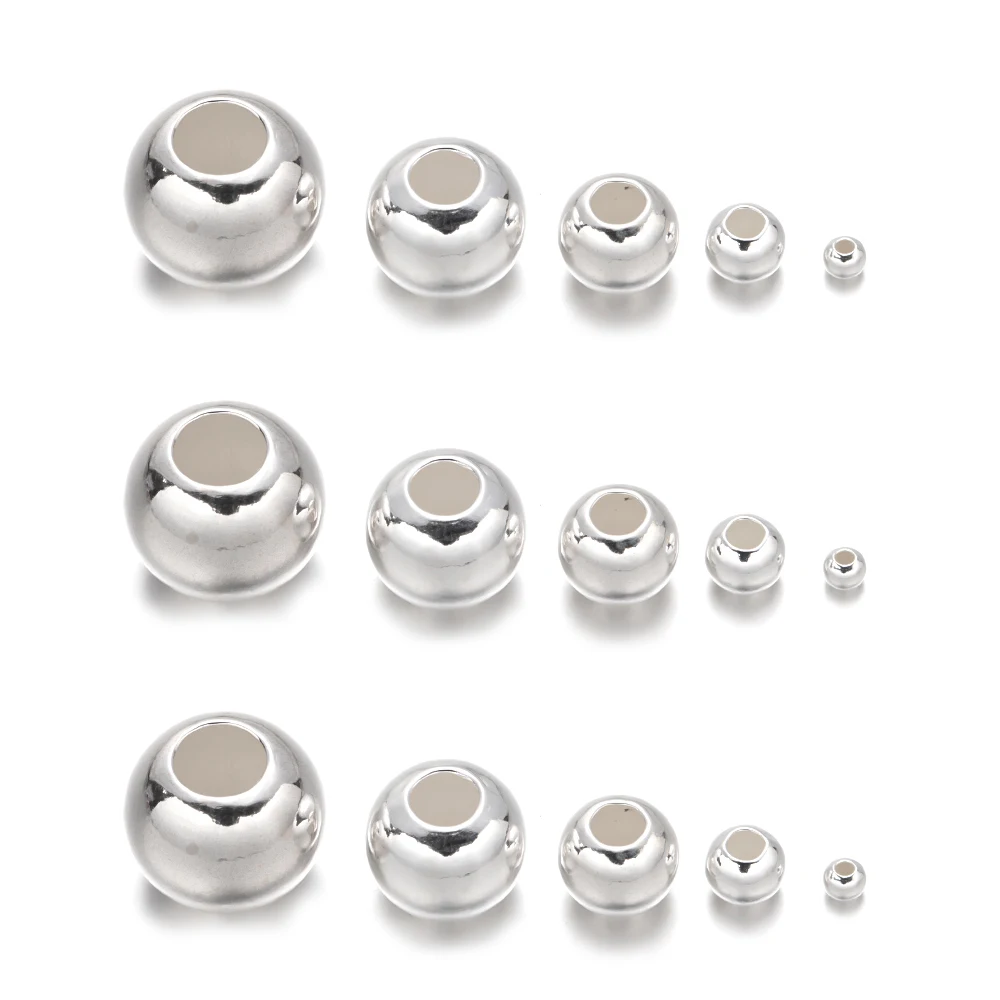 925 Sterling Silver 2-10MM Okrągła kula Spacer Luźny koralik do bransoletki DIY Naszyjnik Biżuteria Akcesoria Akcesoria Rzemiosło Urok