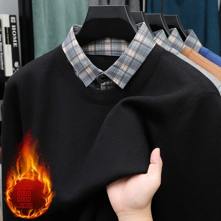 

Мужская роскошная трикотажная кофта с эффектом двухслойности, утепленная, из полиэстера, с круглым вырезом, модная повседневная модель