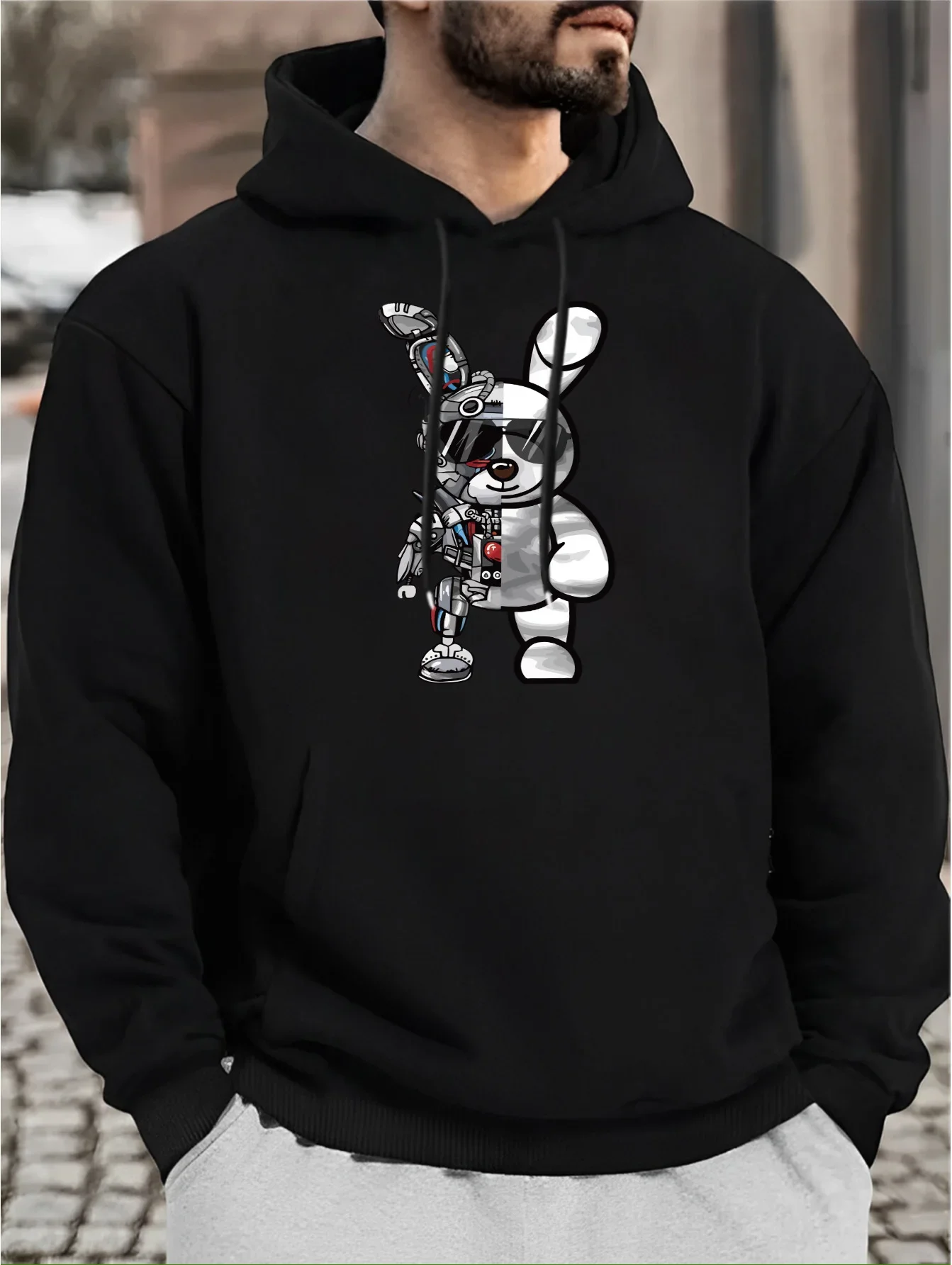 Men Cyber Mechanical Skull Back Print Hoodie Dark Graffiti Street Art Graphic Pullover Unisex Loose Fleece Lined Autumn Winter