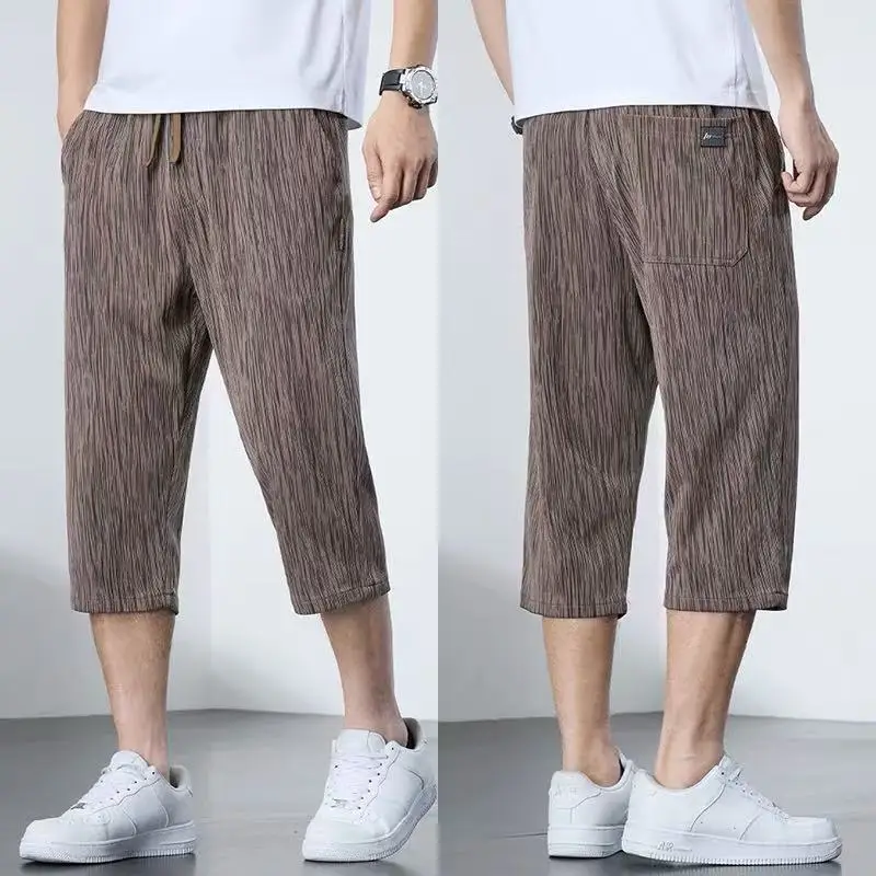 

Новинка 2025, мужские брюки Ice Cool ort, повседневные дышащие молодежные брюки из ледяного шелка с эластичной резинкой на талии, свободные брюки на семи футов