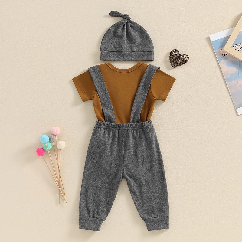 2024-03-14 Lioraitiin 0-18M Baby Jongens Vader Dag Outfit Sets Korte Mouw Ronde Hals Brief Print Romperbroek Broek Muts Sets