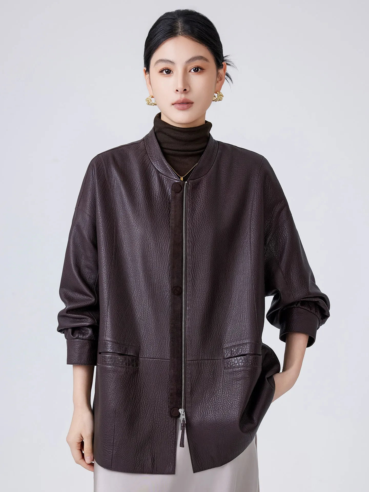 

O-neck Casual Genuine Leather Jacket for Women Simple Vintage Loose Soft Bubble Real Sheepskin Leather Coat chaqueta cuero mujer