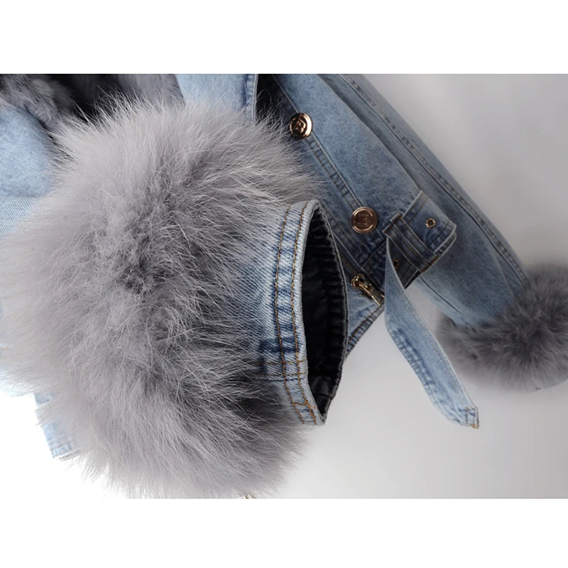 Real Fox Fur Collar Rabbit Fur Liner Denim Jacket Women Cowboy Outerwear Winter Thick Loose Short Hem Belt Jeans Jackets Female