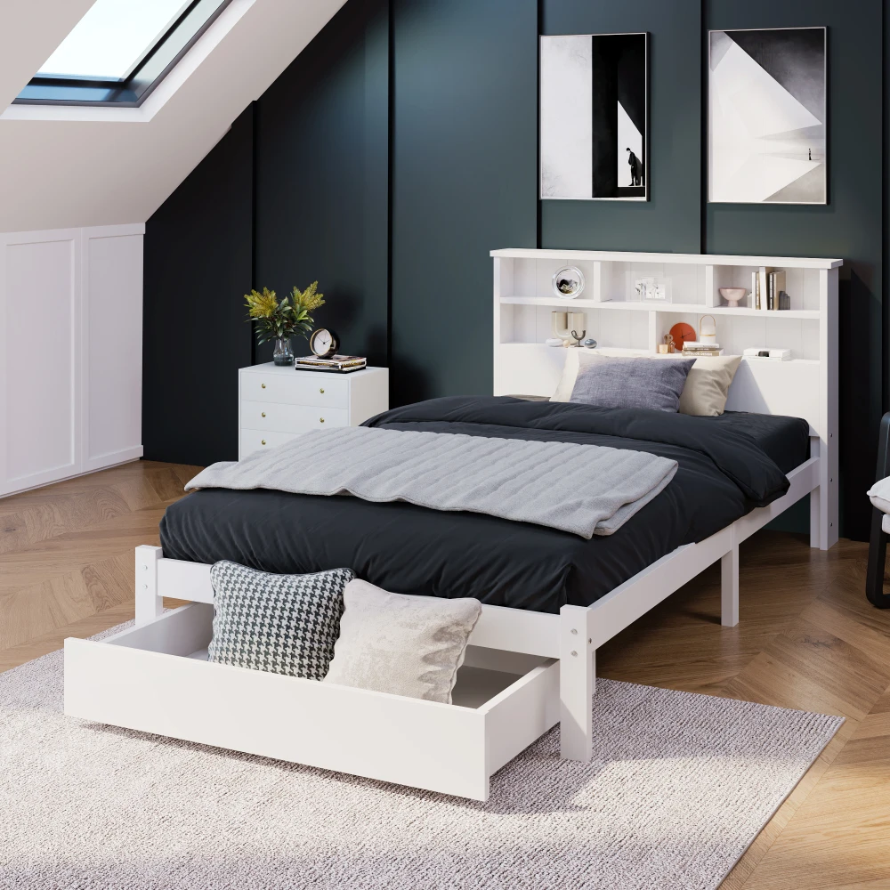 PINGGO Einzelbett aus Massivholz, 90 x 200 cm, weiß, mit Schubladen, Gitter-Bücherregal für Kinder, Jugendliche, Erwachsene, ohne Matratze – Detail 2