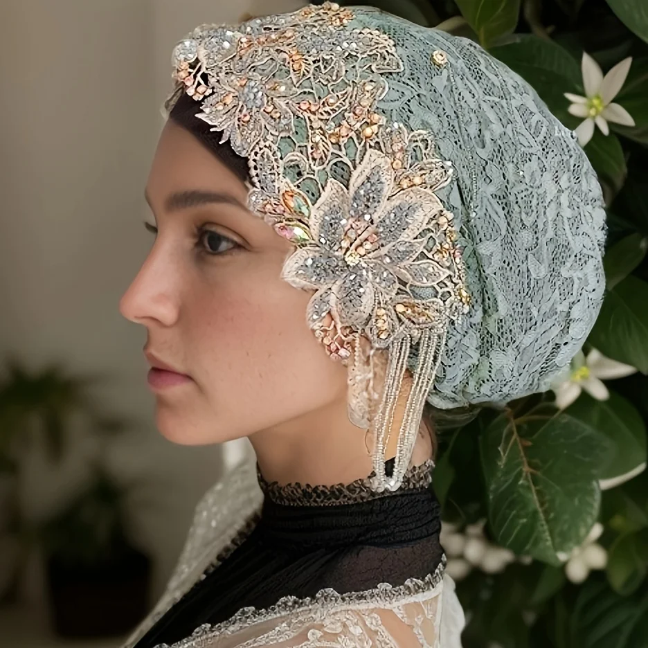 Muss Scarf Hat Handmade Beaded Lace Headband Hat Sticker Set with Diamond Headband Hat Not Easy to Drop Durable and Durable