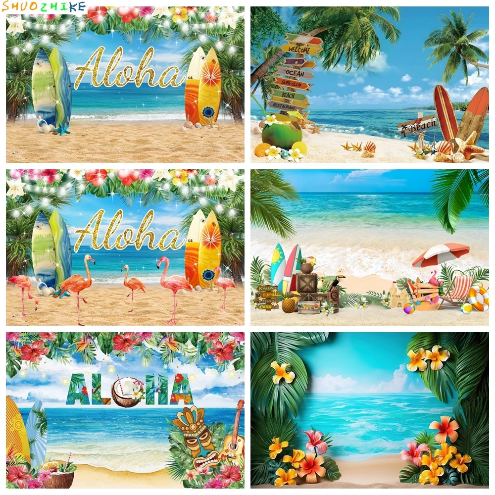 

Hawaii Summer Seaside Beach Backdrop Tropical Flower Palm Tree Flamingo Surfboard Aloha Birthday Party Photography Background