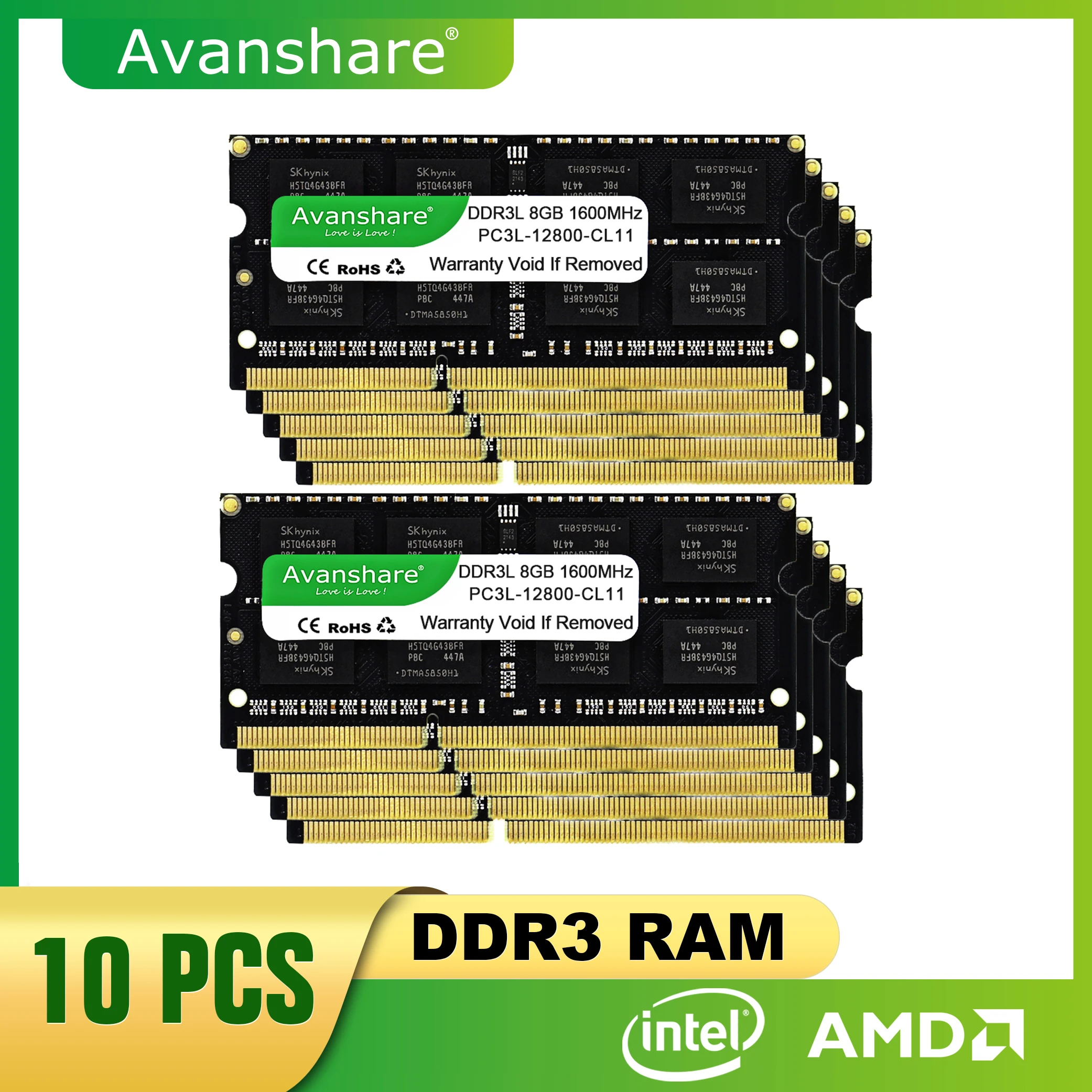 

Avanshare 10 шт. Оперативная память для ноутбука DDR3 DDR3L 8 ГБ 4 ГБ 1600 МГц 1333 МГц SODIMM 1,35 В 1,5 В PC3/PC3L-12800S PC3-10600S Non-ECC