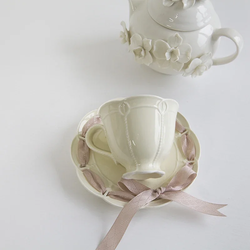 New Bone China Teacup Saucer Set Ceramic 200ml Tea Coffee Cup Colorful Ribbon Wedding Party Coffee Mug Drinkware
