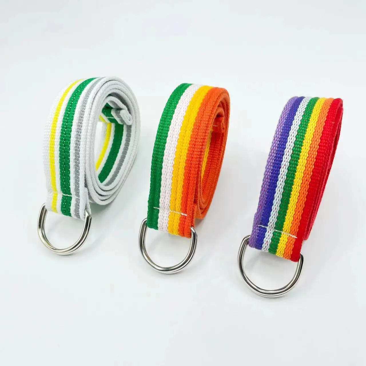 20 Pieces Woven Belts Double Ring D Type Rainbow Canvas Belt Webbing Casual Wild Long Decorative Unisex Stripes Waist Belt