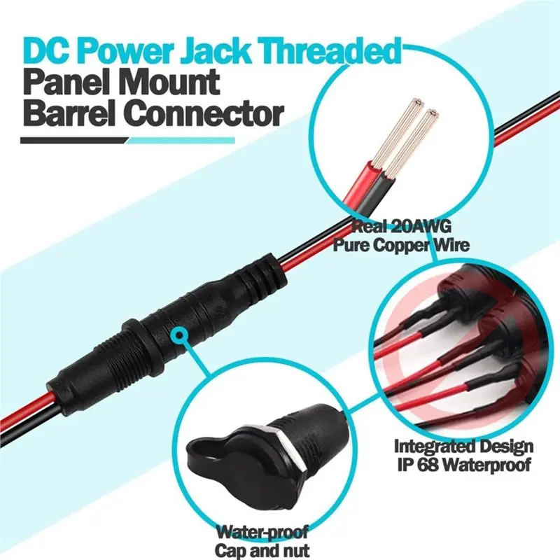 A25I-DC Power Jack Adapter Kit 6 Sets Threaded Female Panel Mount Connector With Cover Cap