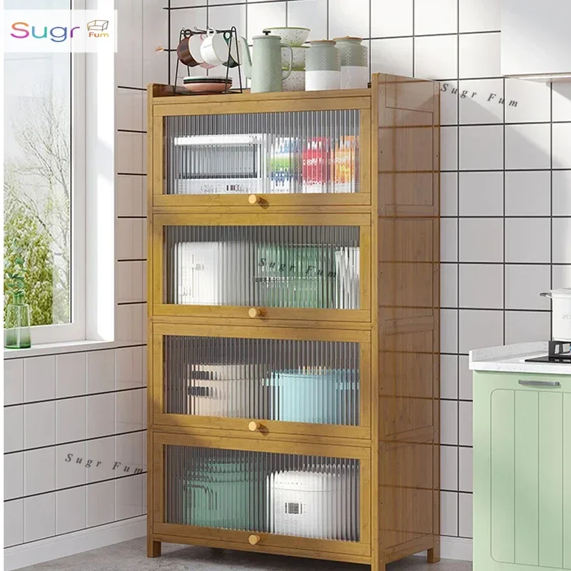 

Modern Bamboo Kitchen Cabinets Kitchen Furniture Household Tableware Storage Cabinet Multi-layer Shelf with Door Dustproof A