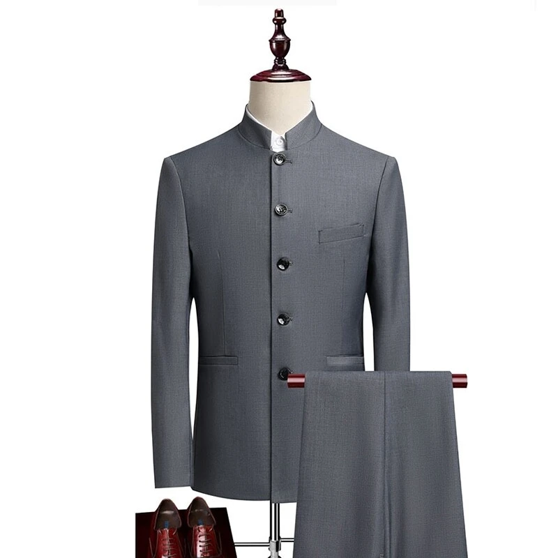 

Костюм (пиджак + жилет + брюки) Мужская модная деловая официальная одежда, профессиональный свадебный костюм шафера с воротником-стойкой Zhongshan