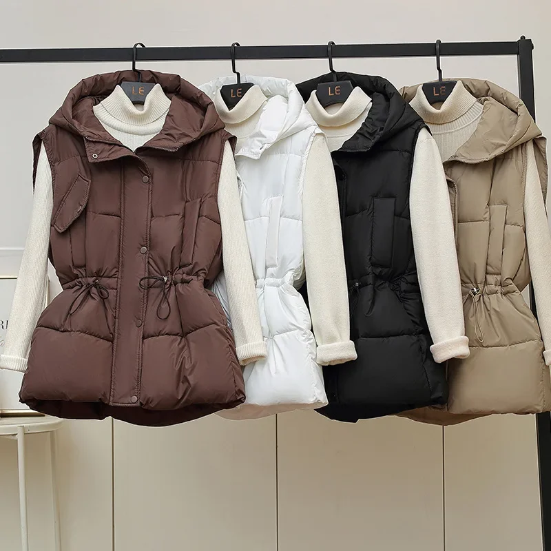 Internet celebrity casual outerwear cotton vest 2024autumn and winter new fashion women hooded waist slimming cotton vest jacket