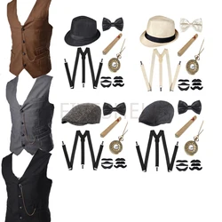 Adults Halloween Costume Accessories Set Steampunk WaistCoat Gangster Vest Pocket Watch 1920s Men Gatsby Cosplay Beard disfraces