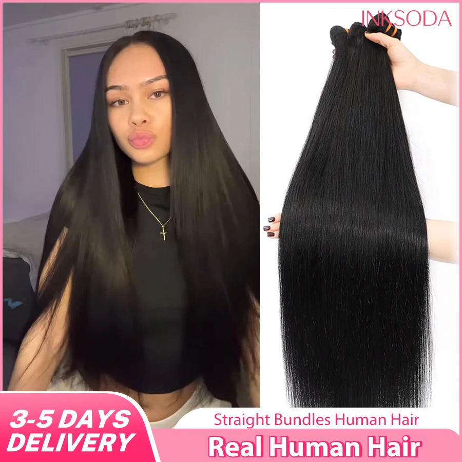 

30 Inch Straight Human Hair Bundles 1/3/4 Bundle Deals Unprocessed Virgin Real Human Hair Bundles Natural Black Color Extensions