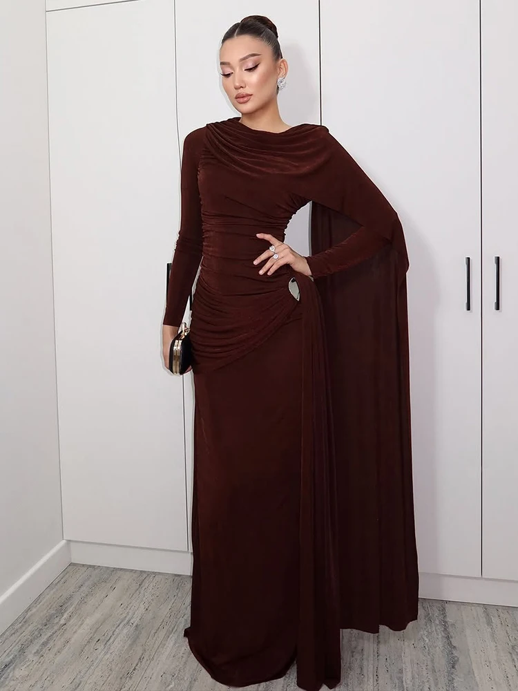 Weird Puss Elegant Flocking Dress Women Irregular Cape Collar Metal Decoration Autumn Christmas Evening Stretch Skinny Bodycon