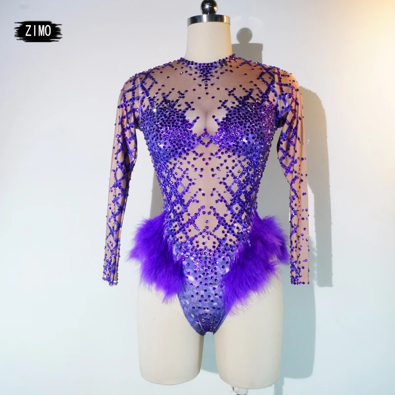 veer paars sexy fonkelende strass bodysuit met lange mouwen paaldans kleding party club prestaties DS podium turnpakje kostuum