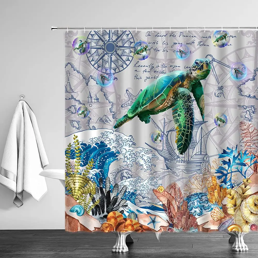 Sea Turtle Shower Curtain Nautical Ocean Marine Life Waves Colorful Coral Seaweed Ombre Blue Fabric Curtains Bathroom Decor Sets