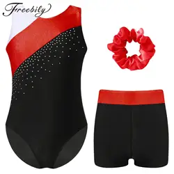 Children Figure Skating Bodysuit Kids Girls Dance Set Sleeveless Rhinestones Gymnastics Leotard with Shorts Dancewear Sets