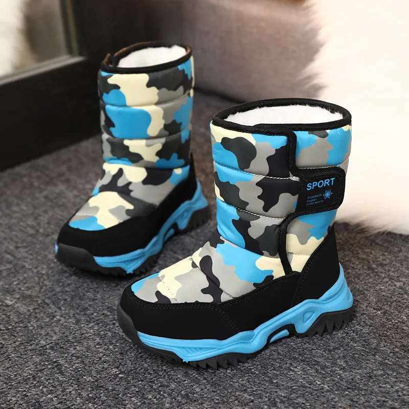 Fashion Green Camouflage Print Children Snow Boots Waterproof Winter With Fur Outdoor Shoes Kids Hiking Boots Trekking Sneakers
