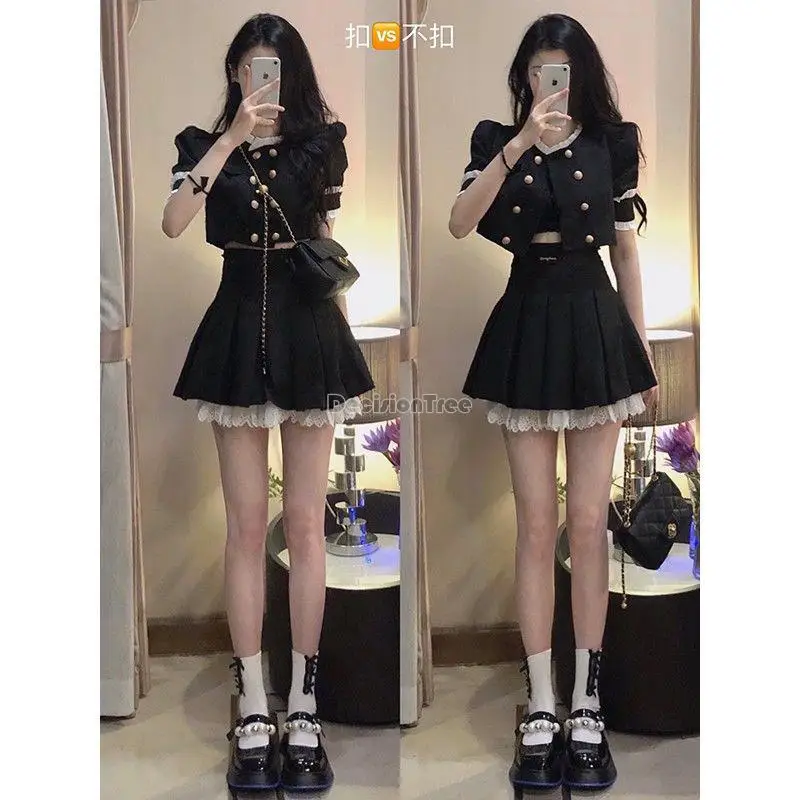 2024 Korea japanischen Sommer neue schwarze JK Uniform Mädchen Zweireiher A-Linie Falten rock Set verbessert Schuluniform Set