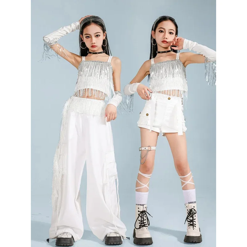 Ropa de Hip Hop para niña, camisetas cortas con lentejuelas, pantalones blancos para niña, pantalones cortos K-pop, ropa de calle para niño, conjunto de ropa de baile de Jazz