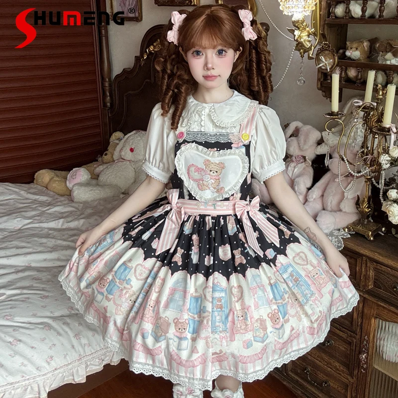 

Japanese Kawaii Bear Print Lolita Dress 2025 Summer New Sweet Girls Cute Bow Birthday Dress Jsk Loli Lo Daily Y2k Dress Womens