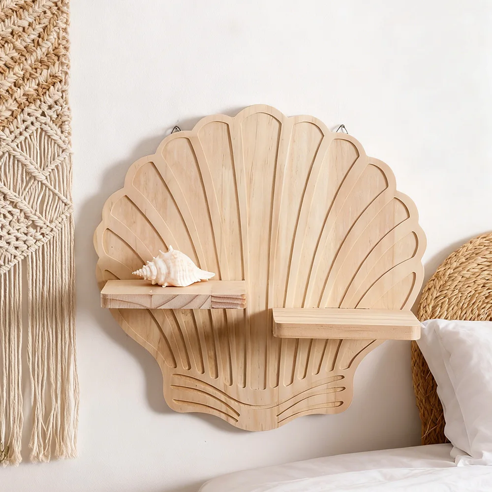 Bohemian Style Shell Shape Wall Planter Wood Hanging Shelf Creative Home Decor Flower Pot Holder Rustic Wall Organizer