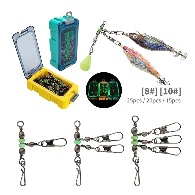 8#/10# 25pcs Luminous Fishing Pin Connector Barrel Swivels Squid Jig Hard Bait With Interlock Snap