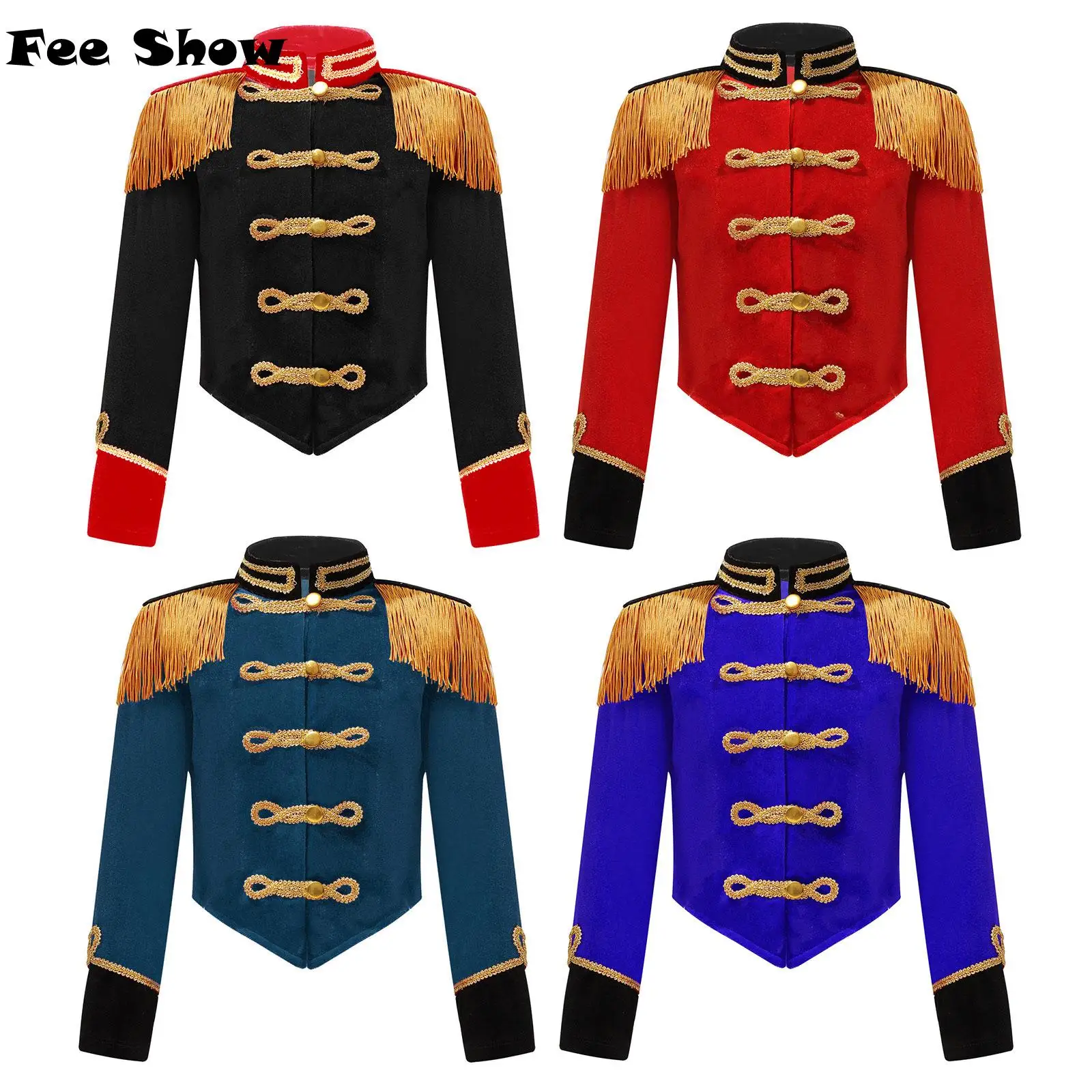 Kids Girls Circus Ringmaster Costume Long Sleeve Stand Collar Fringe Tassel Epaulet Jacket Ringleader Drummer Cosplay Costume