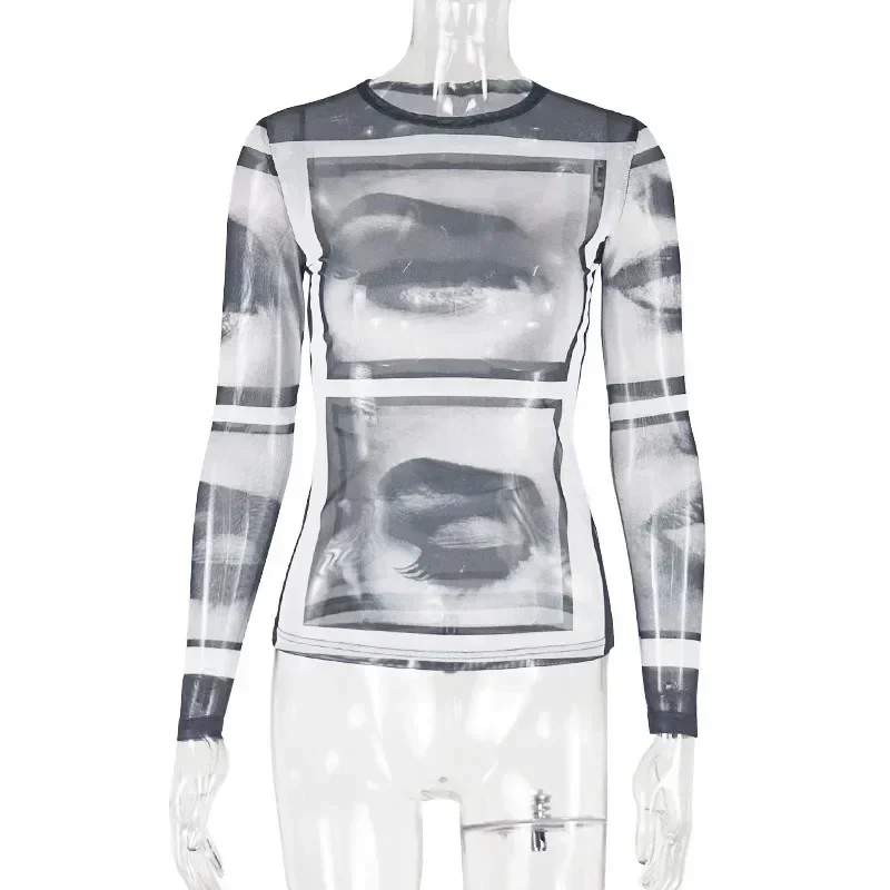 Women's Beautiful Eyes Print Perspective Gauze Spliced T-Shirts Tops, O-Neck, Long Sleeve