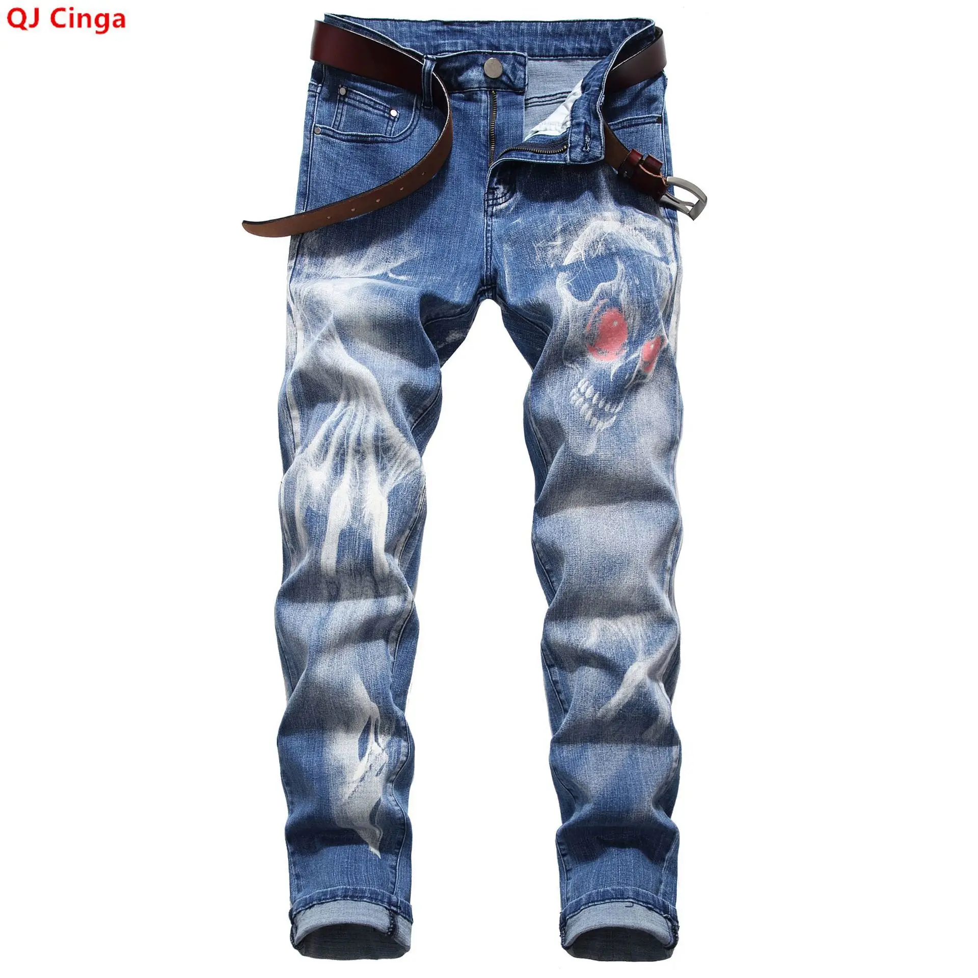 Men's Stretch Jeans with 3D Print, Black Denim Pants with Skull Design, Fashionable Slim-Fit Trousers. Asian Sizes 29-40.