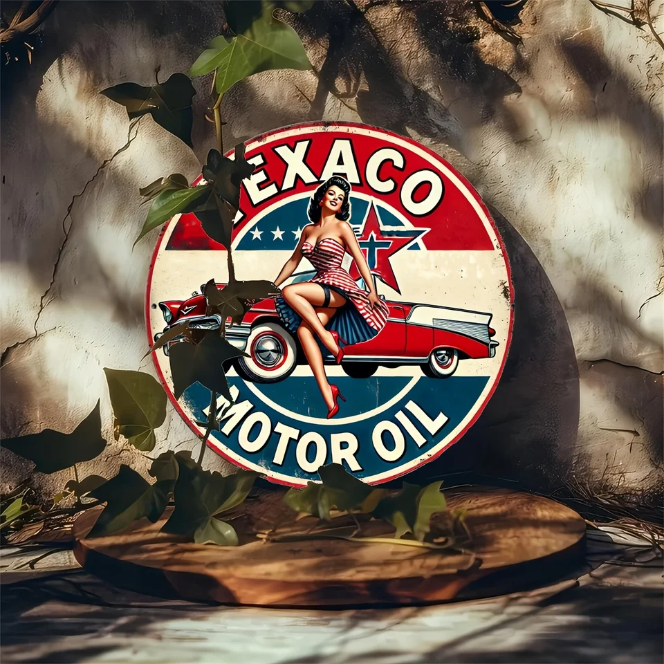Texaco Motor Oil Vintage Aluminum Sign, Retro Pin-Up Wall Art