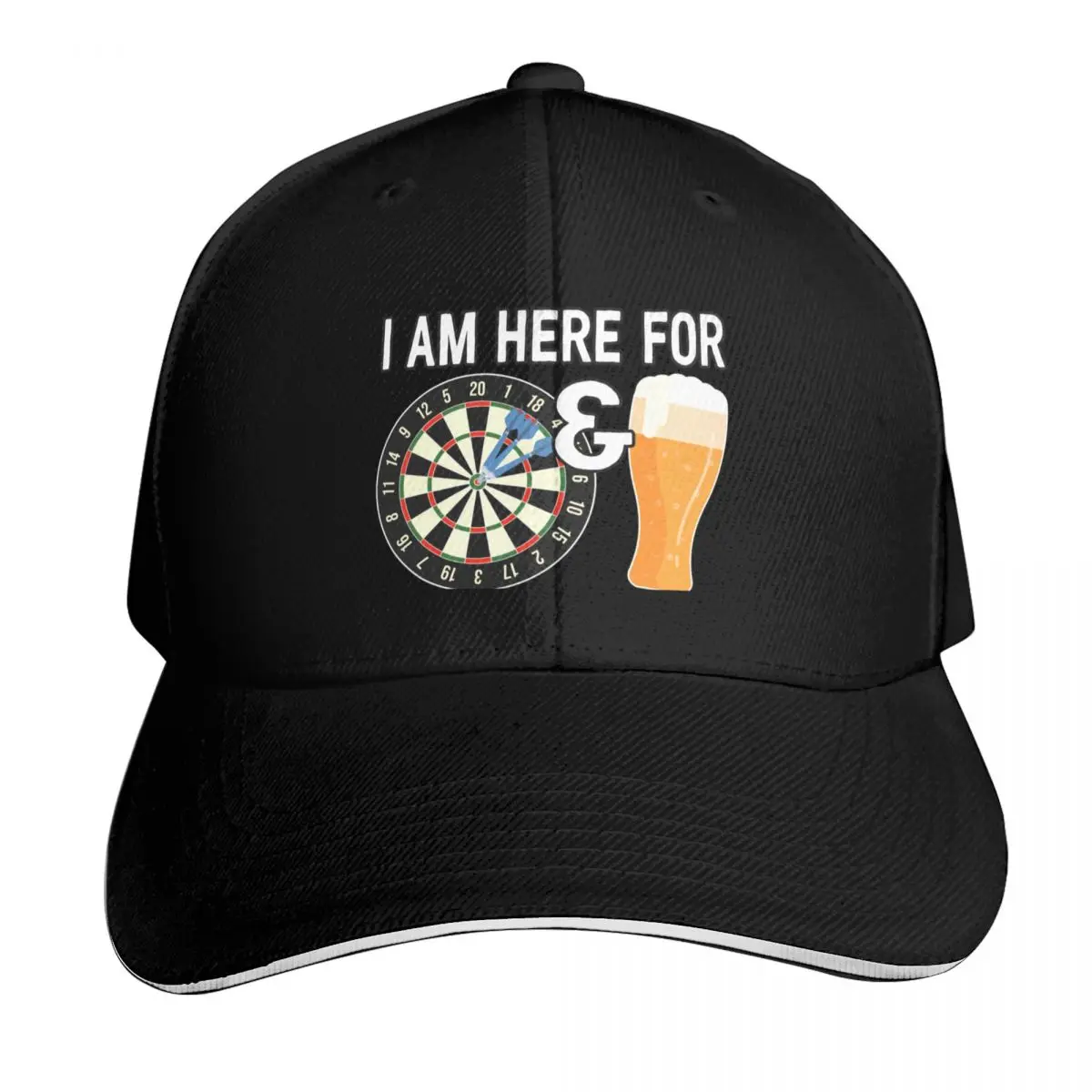I Am Here For Darts & Beer Baseball Cap Cotton Twill Breathable Contrast Two Tone Brim Snapback Flat Bill