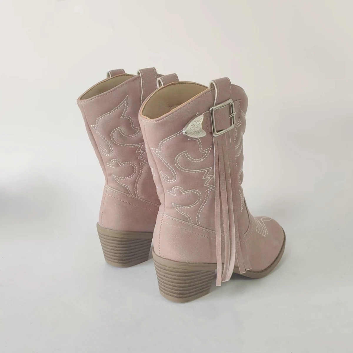 Pink Belt Buckle Tassel One Foot Stirrup Embroidery Chunky Heel Round Toe Knight Boots Western Mid Calf Boots For Girls