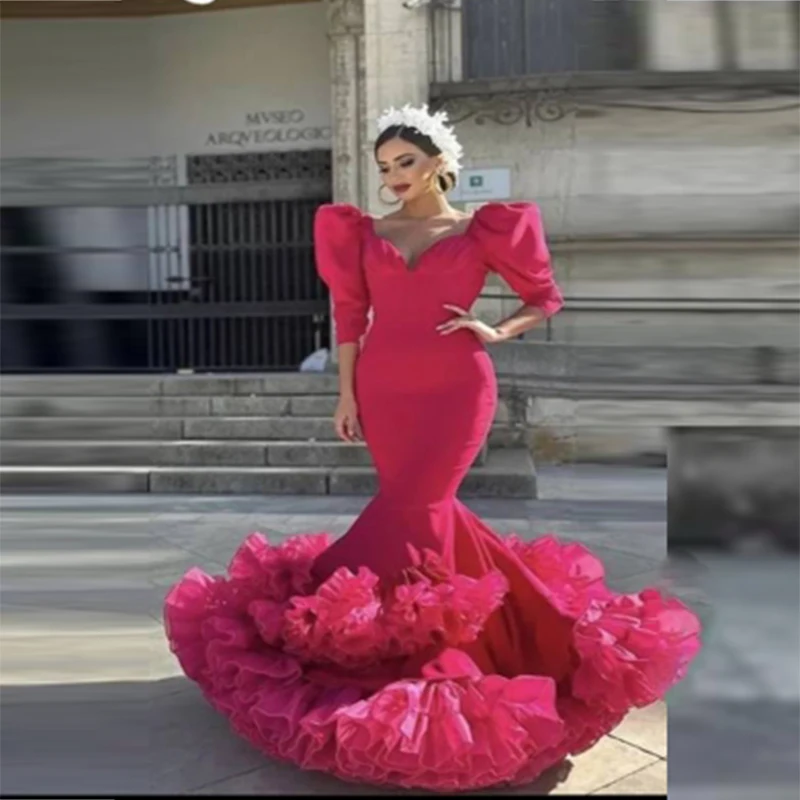 Red Mermaid Prom Dresses Puffy Sleeves Ruffles Sweep Train Evening Gowns Women Formal  Occasion Party Dress Robe De Soiree