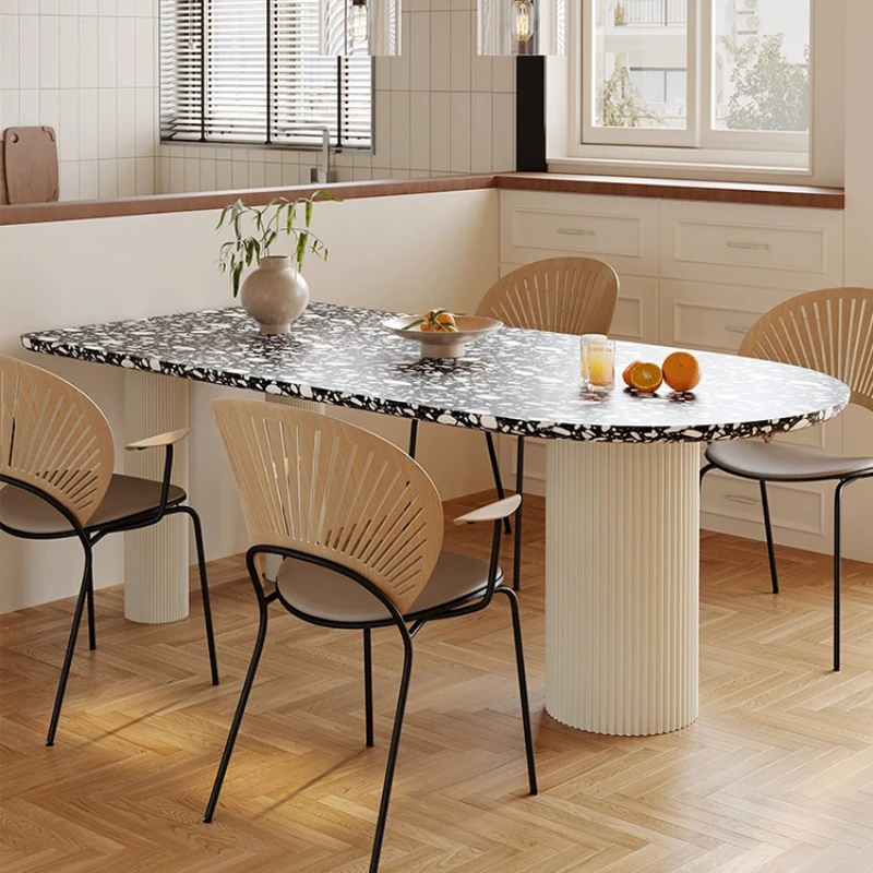 Vintage terrazzo dining table and flat arch design, simple marble rectangular chair set