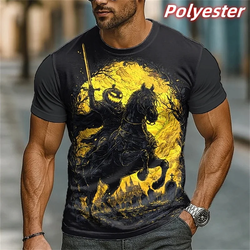 Adult Men's T-shirt - Pumpkin Headless Knight 3D Pattern - Loose and Quick-Drying Streetwear Top with Round Neck for Summer