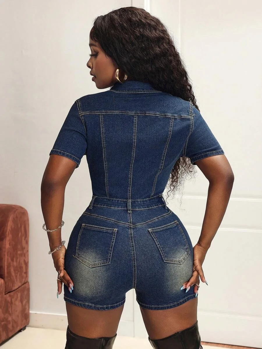 Women Jumpsuits Summer Fashion Tight Short Sleeve Stretch Denim Jumpsuits Playsuits Streetwear Casual High Waist Jeans Rompers