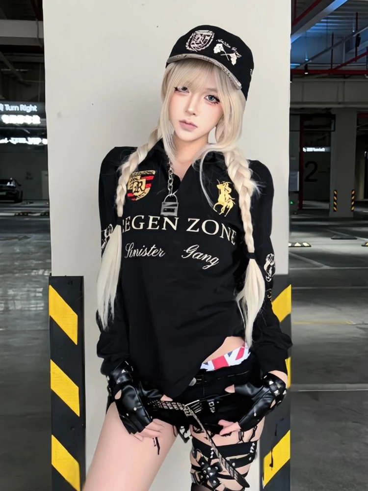 

American Retro Punk Collar Sweatshirt Women's Spring Embroidered Loose Slim Long Sleeve Subculture Visual Top