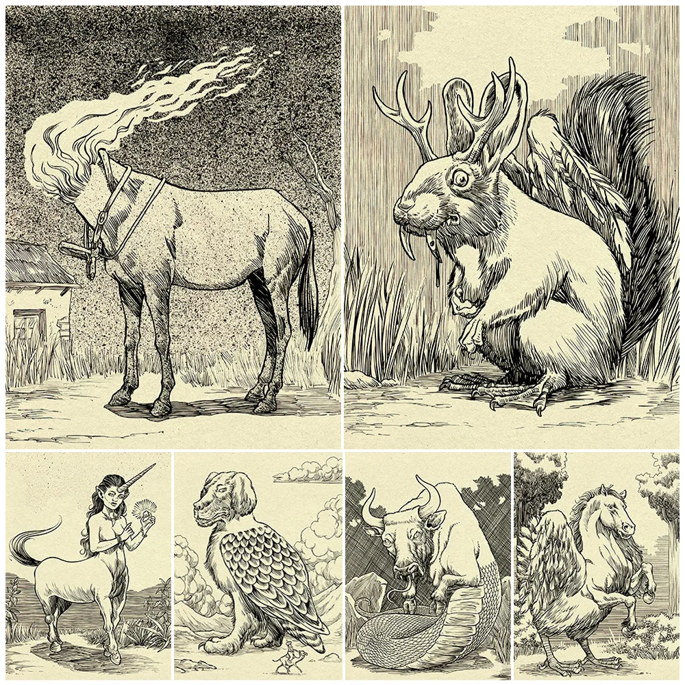 

Half Ox,Half Snake Monster And Half Horse,Half Chicken Critter,Vintage Wall Art Print Giant Dog Bird,Magic Creature Art Poster